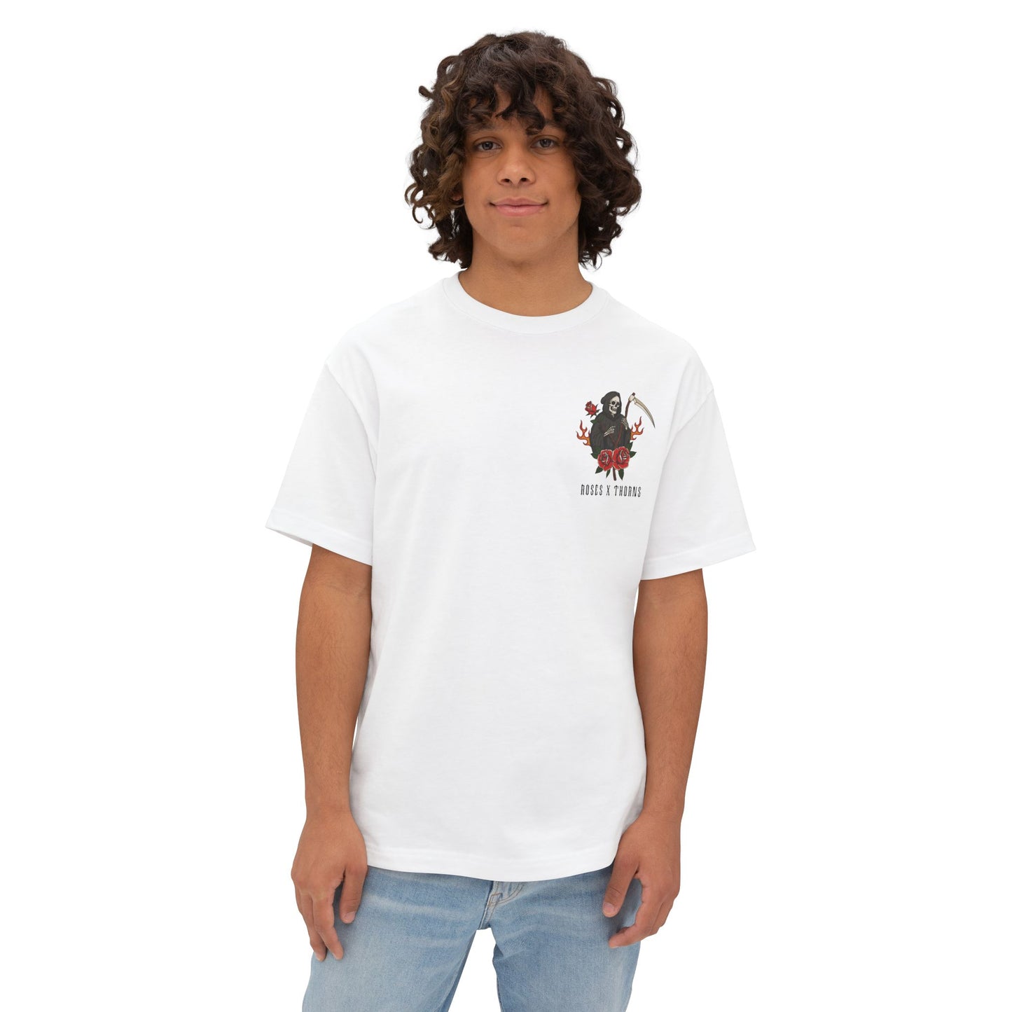 Roses x Thorns Graphic Tee — 'Every Rose Has Its Thorns' Oversized Skull & Scythe Shirt