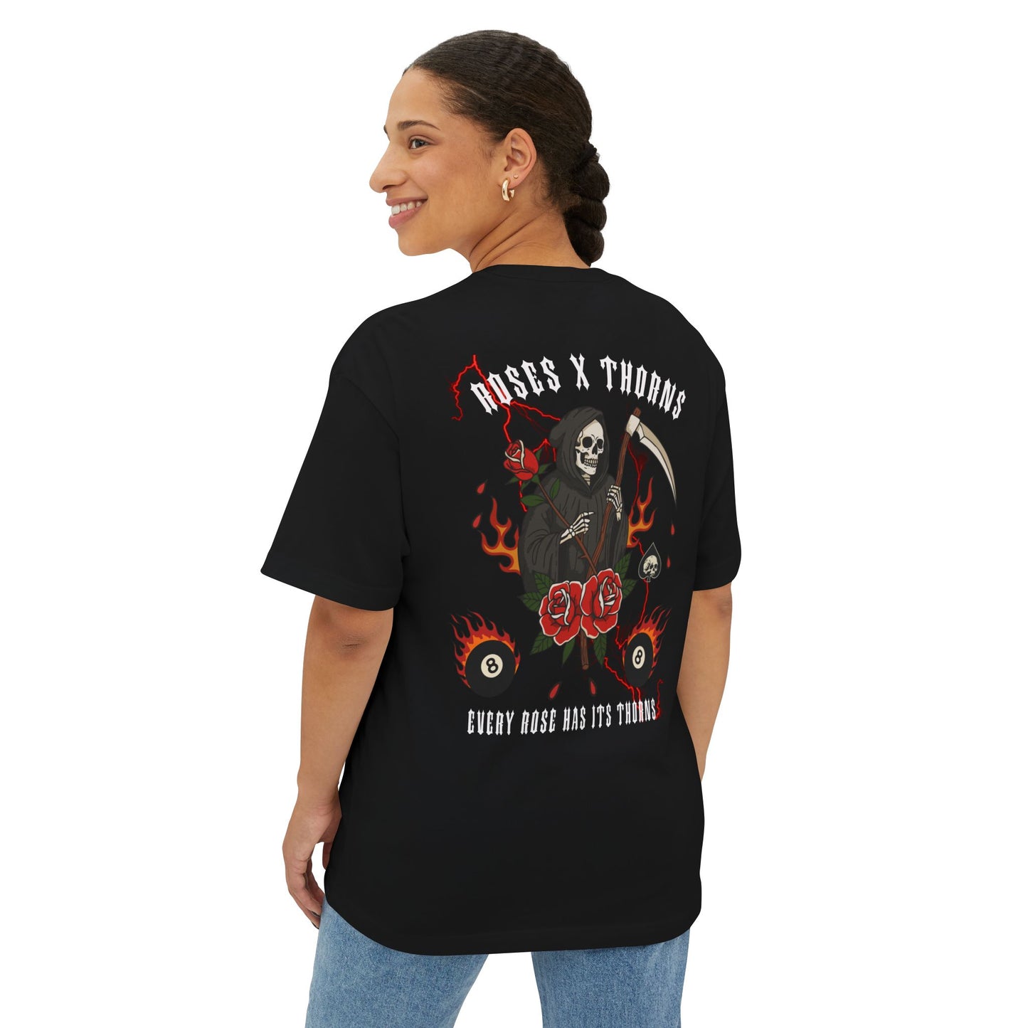 Roses x Thorns Graphic Tee — 'Every Rose Has Its Thorns' Oversized Skull & Scythe Shirt