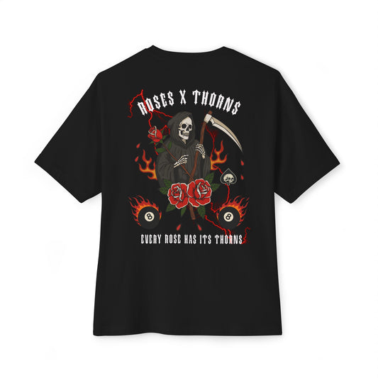 Roses x Thorns Graphic Tee — 'Every Rose Has Its Thorns' Oversized Skull & Scythe Shirt