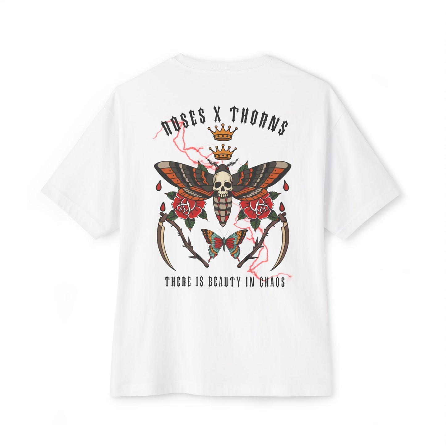 Moths & Thorns Graphic Tee — 'There Is Beauty In Chaos' Oversized Boxy T‑Shirt