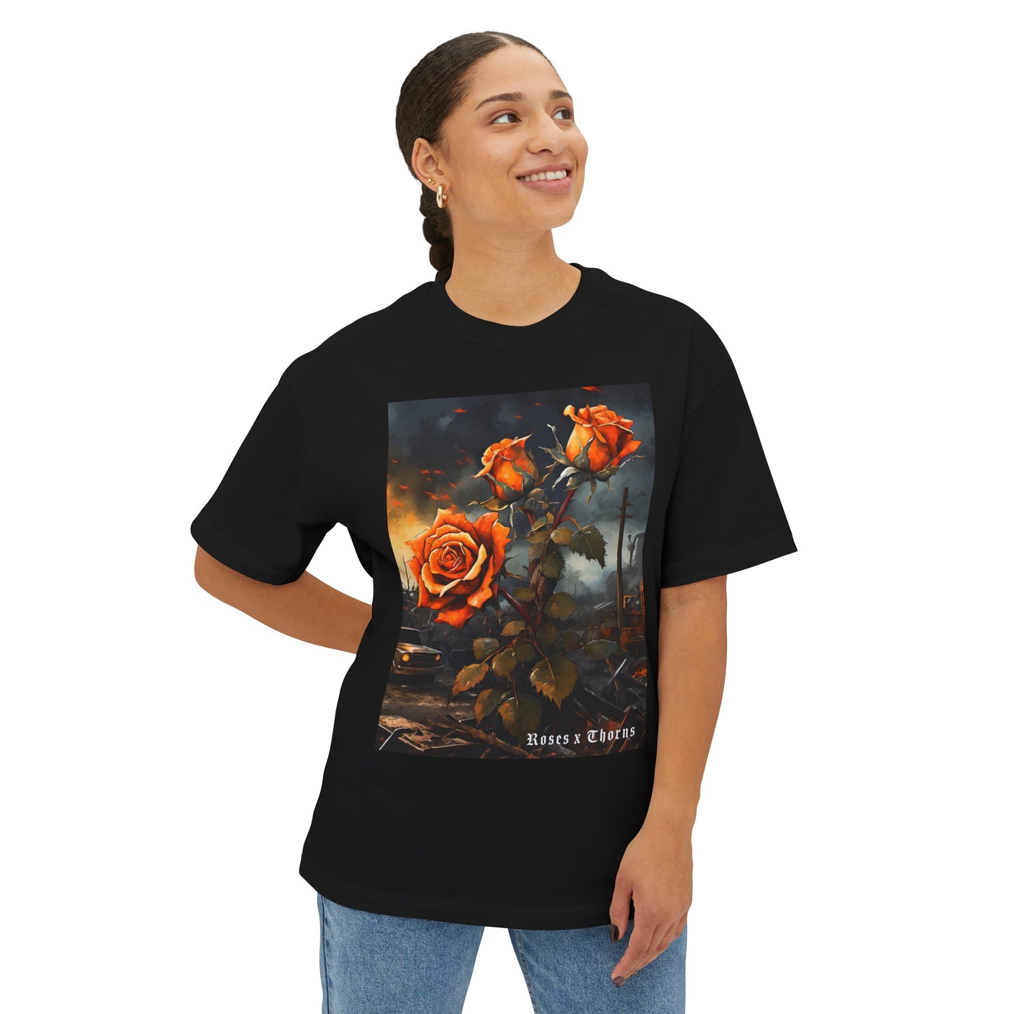 Orange Roses x Thorns Front Oversized Boxy Tee