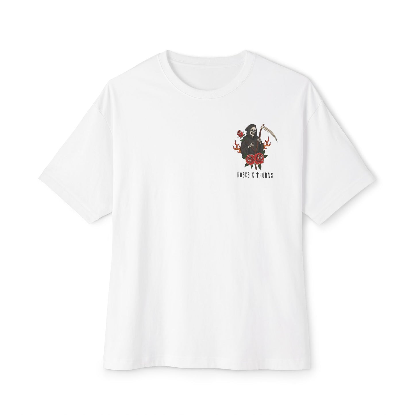 Roses x Thorns Graphic Tee — 'Every Rose Has Its Thorns' Oversized Skull & Scythe Shirt