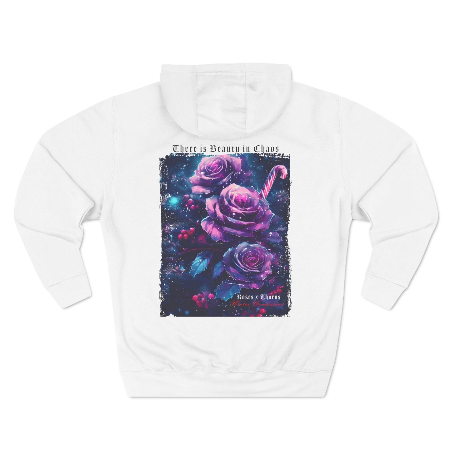 Pink Candycane Winter Wonderland Roses x Thorns Three-Panel Fleece Hoodie