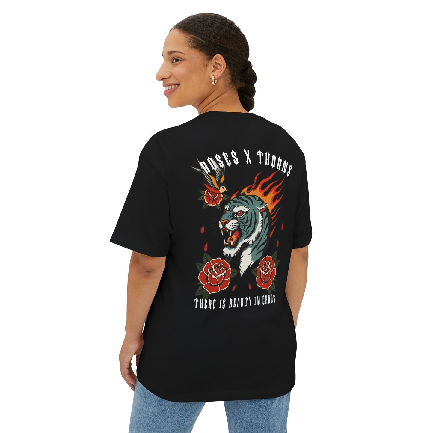 Roses x Thorns Tiger Tee — Flaming Tiger & Roses Graphic Shirt