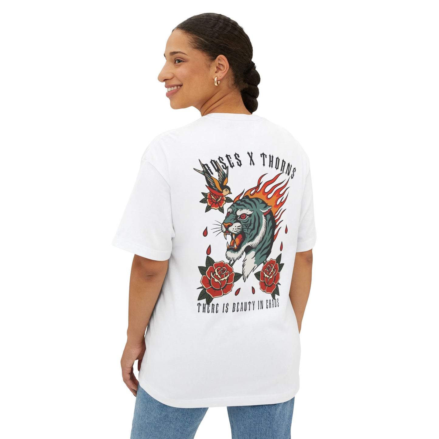 Roses x Thorns Tiger Tee — Flaming Tiger & Roses Graphic Shirt