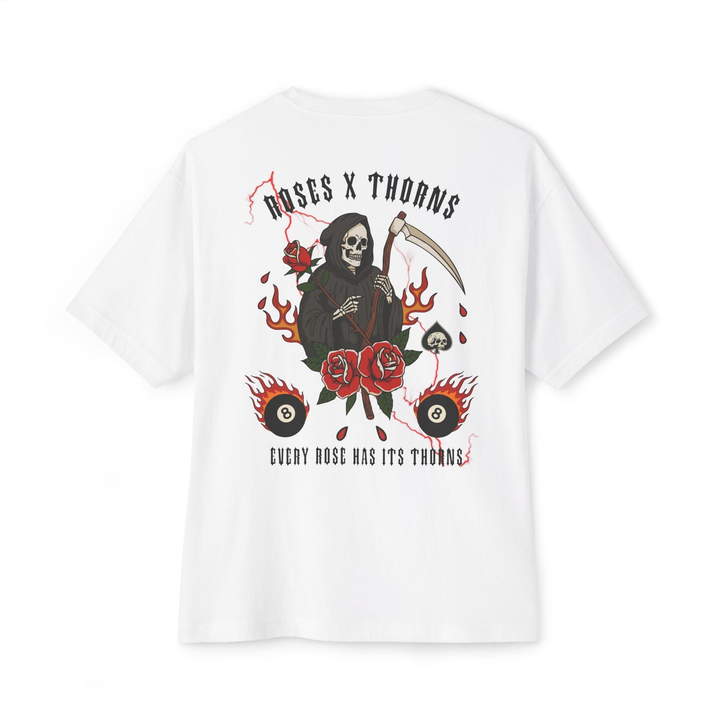 Roses x Thorns Graphic Tee — 'Every Rose Has Its Thorns' Oversized Skull & Scythe Shirt